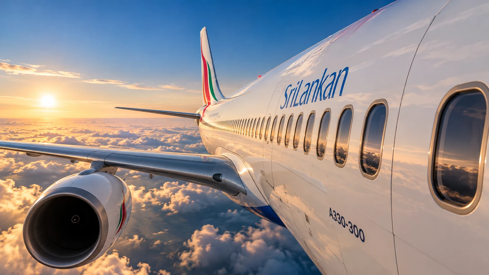 Cinematic exterior view of a SriLankan Airlines-inspired aircraft over golden clouds, illustrating an independent aviation design concept